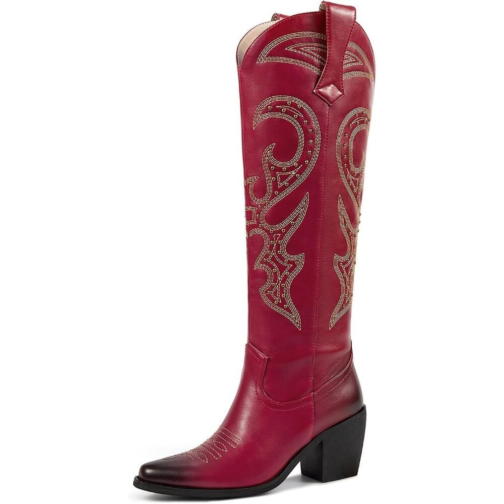 Wetkiss Red Cowboy Boots Women Knee High Rhinestone Western Tall Fashion Shoes - Picture 1 of 6